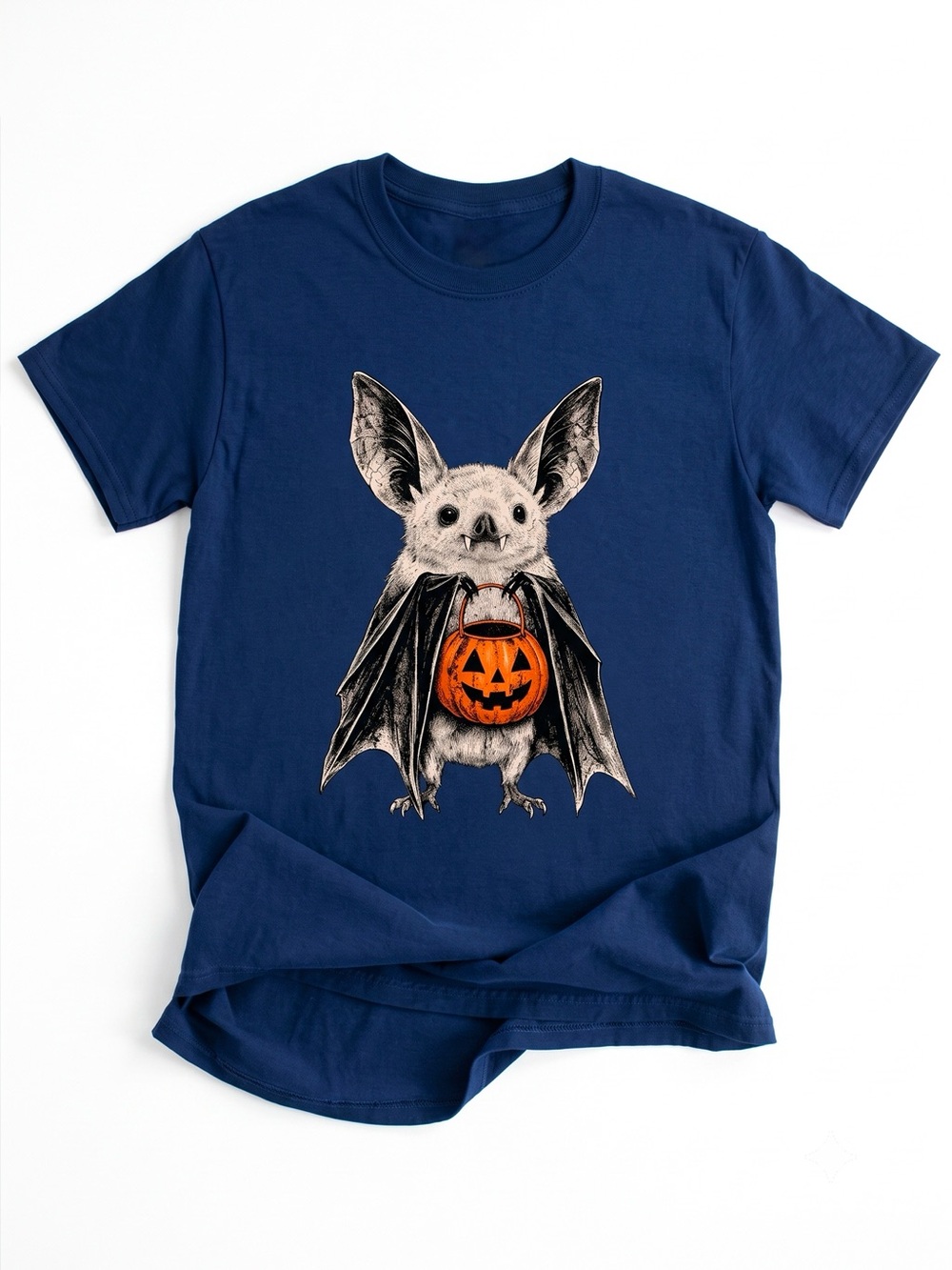 Cute Spooky Bat Pumpkin Halloween Navy Graphic Tee